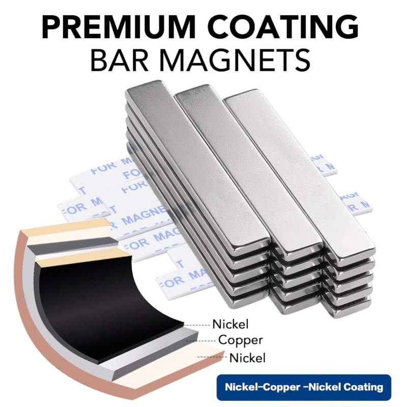Stacked long rectangular neodymium magnets labeled "PREMIUM COATING BAR MAGNETS