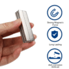 A hand holding long rectangular neodymium magnets, with icons indicating strong magnetic force, long - lasting, and anti - corrosion anti - rust features