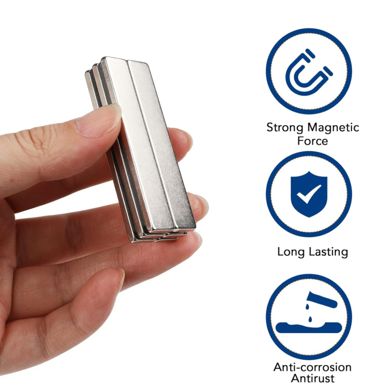 A hand holding long rectangular neodymium magnets, with icons indicating strong magnetic force, long - lasting, and anti - corrosion anti - rust features