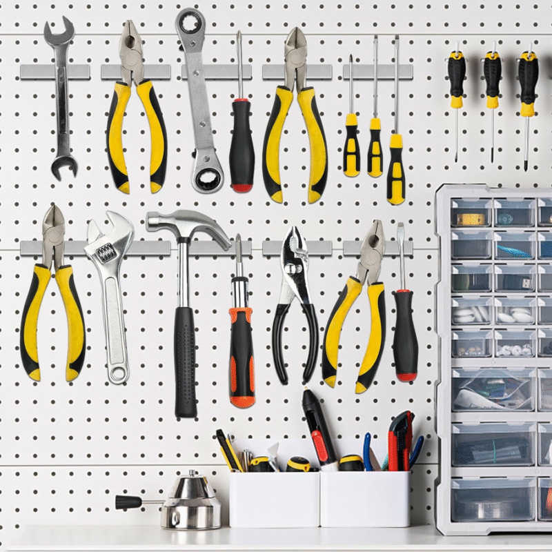 Various tools organized on a pegboard using long rectangular neodymium magnets for tool storage.