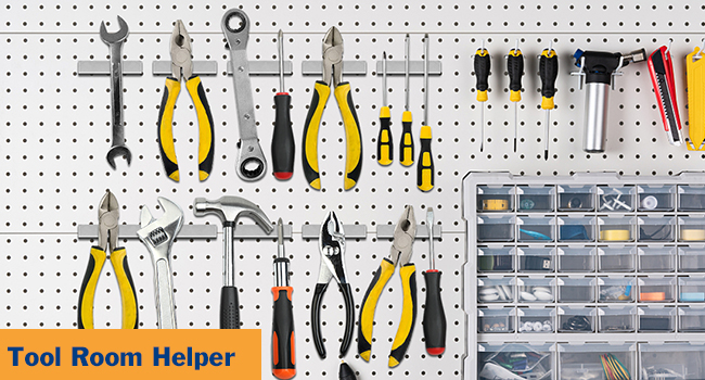 Tool room scene with various tools organized on a pegboard using long rectangular neodymium magnets, labeled "Tool Room Helper