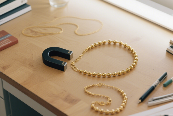 Various gold - colored jewelry and a magnet to determine if gold sticks to magnets