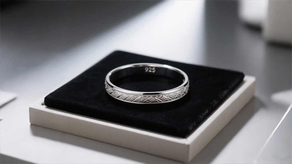 A close - up view of a 925 silver bracelet on a black velvet display stand, with a strong N52 neodymium magnet nearby, demonstrating that 925 silver is non - magnetic.