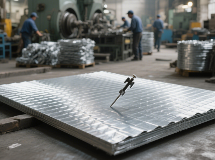 Industrial workshop with galvanised steel sheet and magnetic testing equipment investigating if galvanised steel is magnetic