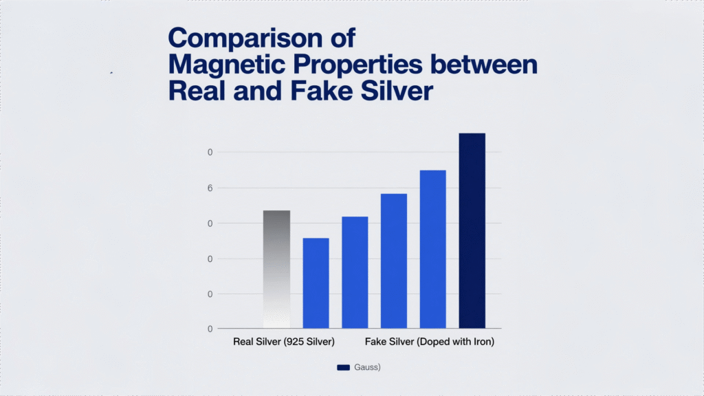 A bar chart with a light - gray background comparing the magnetic properties of real silver (925 silver) and fake silver (doped with iron) to answer the question "Is silver magnetic?". Blue bars represent fake silver samples and gray bars represent real silver, with units in Gauss.