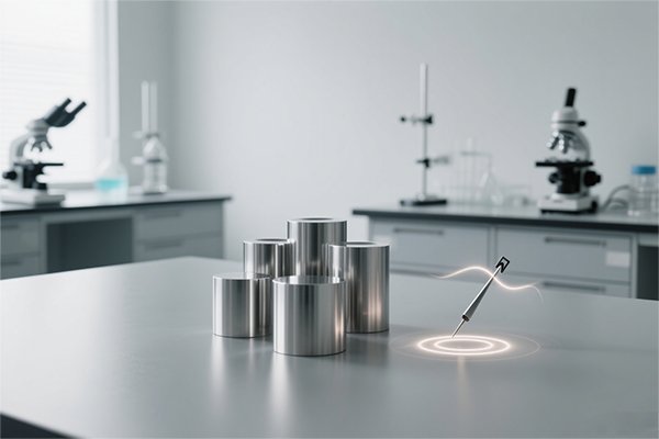Laboratory setup with metallic cylindrical samples and testing tools to verify if galvanised steel is magnetic