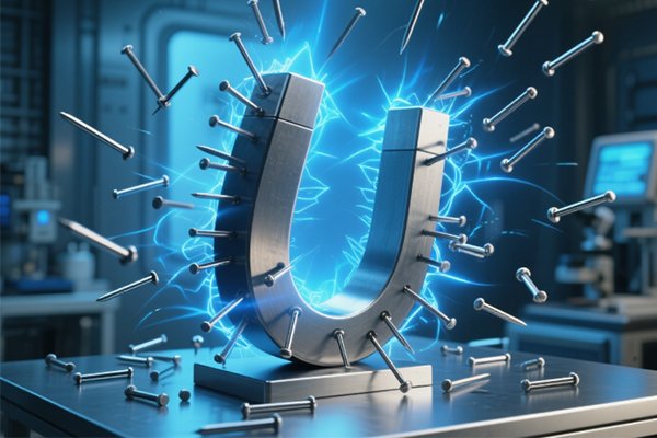 A horseshoe magnet in a lab environment attracting metal nails, demonstrating magnetic properties relevant to the topic of what metals are magnetic.