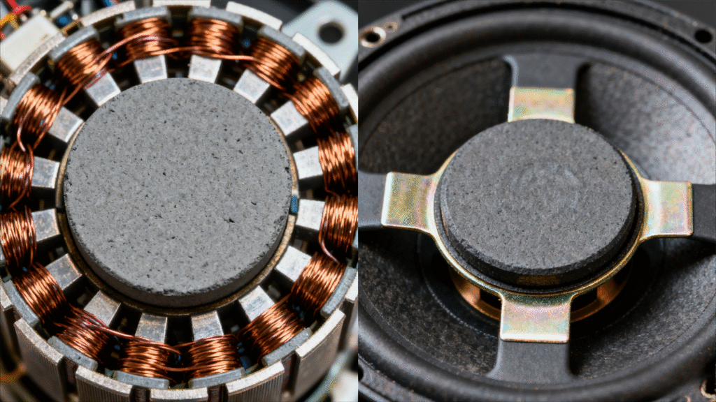 Close-up realistic shot of a ferrite magnet inside a motor and a disassembled speaker, showing the magnet’s position and connection with other components.