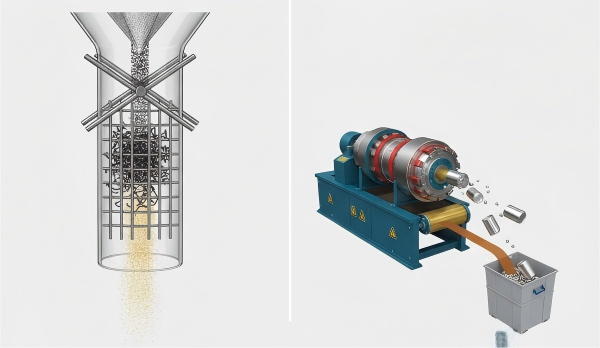 Comparison image: on the left, a magnetic grate (magnetic rods) used to capture fine ferrous metal; on the right, an eddy current separator used to separate non-ferrous metals (aluminum cans).