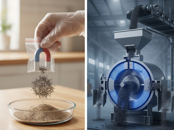 Comparison image: on the left, a home/classroom experiment using a bagged magnet to separate iron filings from sand; on the right, an industrial-scale magnetic separator in a mining context.