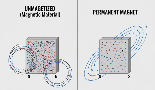 Scientific diagram comparing random magnetic domains in unmagnetized magnetic materials and neatly aligned domains in a permanent magnet.