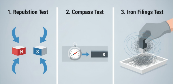 Three simple hands-on magnetic testing methods: Repulsion Test, Compass Test, and Iron Filings Test.