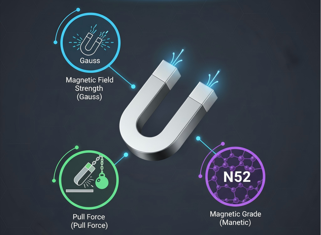 Conceptual diagram explaining the three key dimensions of magnet strength: magnetic field strength, pull force, and magnetic grade.