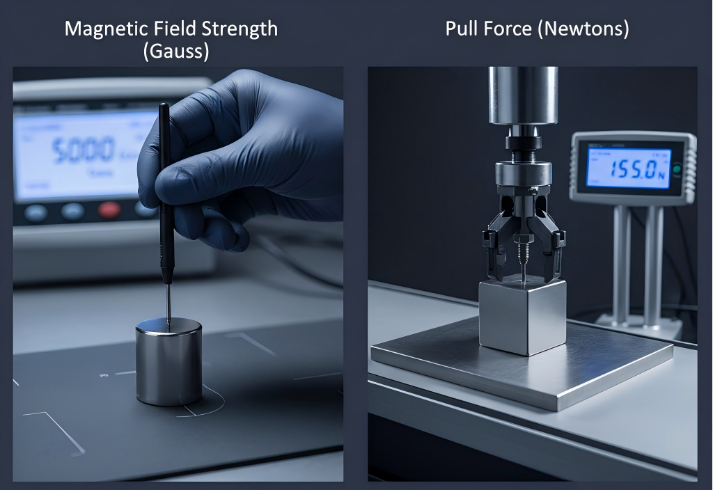 Comparison image showing magnetic field measurement with a Gaussmeter and pull force measurement with a pull force tester.