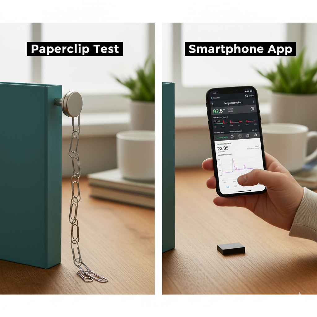 Comparison image showing two low-cost DIY methods for measuring magnet strength: the paperclip chain test and a smartphone magnetometer app.
