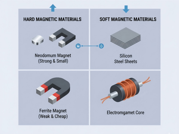 A four-panel classification diagram showing common hard magnetic materials (Neodymium magnet, Ferrite magnet) and soft magnetic materials (Silicon Steel Sheets, Electromagnet Core).