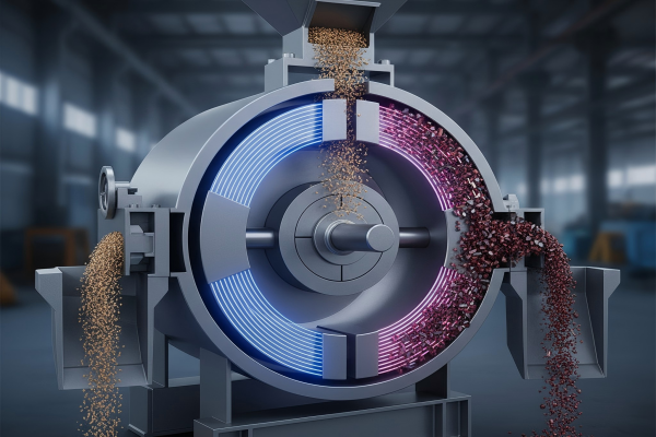 Cross-section view of an industrial magnetic drum separator, showing raw material input and the separation of magnetic and non-magnetic materials into different outlets.