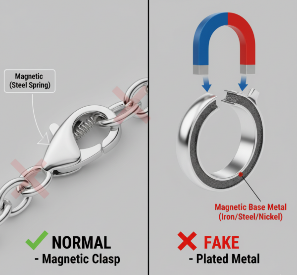 Comparison of a normal magnetic clasp with a silver-plated fake ring with a magnetic core.