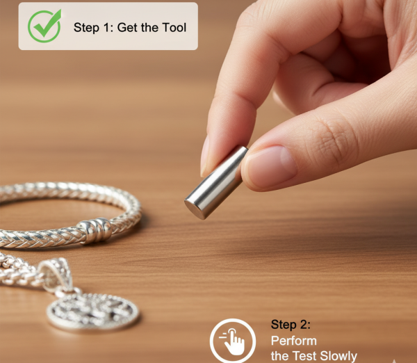 A hand holding a strong cylindrical magnet near sterling silver jewelry on a wooden table, illustrating the testing process.