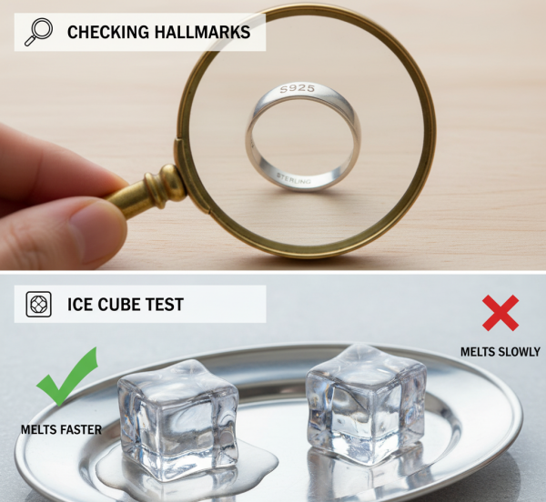 Composite image showing two other silver verification methods: checking the S925 hallmark and performing the ice cube test.