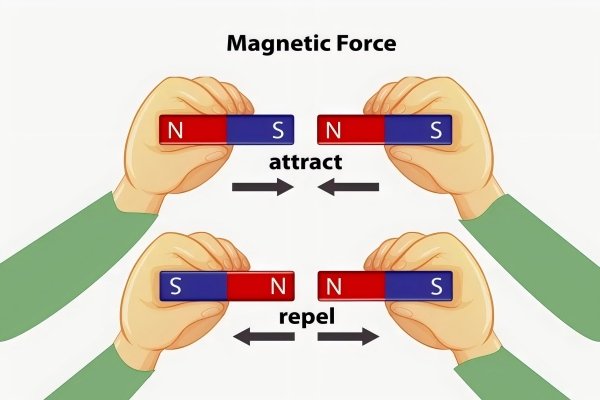 Two pairs of hands holding bar magnets, demonstrating the magnetic forces of attraction (opposite poles) and repulsion (like poles).