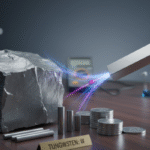A large, rough block of tungsten, alongside tungsten rods and coins, on a dark laboratory table. A hovering magnet on the right emits glowing magnetic field lines towards the tungsten block.