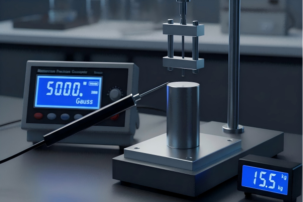 Precise experimental setup for measuring magnet strength, including a Gaussmeter and a pull force tester.